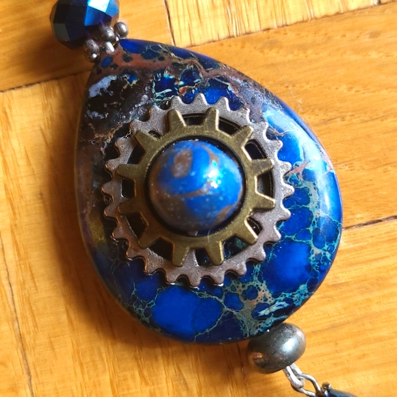 Handmade Steampunk Blue Imperial Jasper Teardrop Necklace and Earrings - Picture 5 of 12